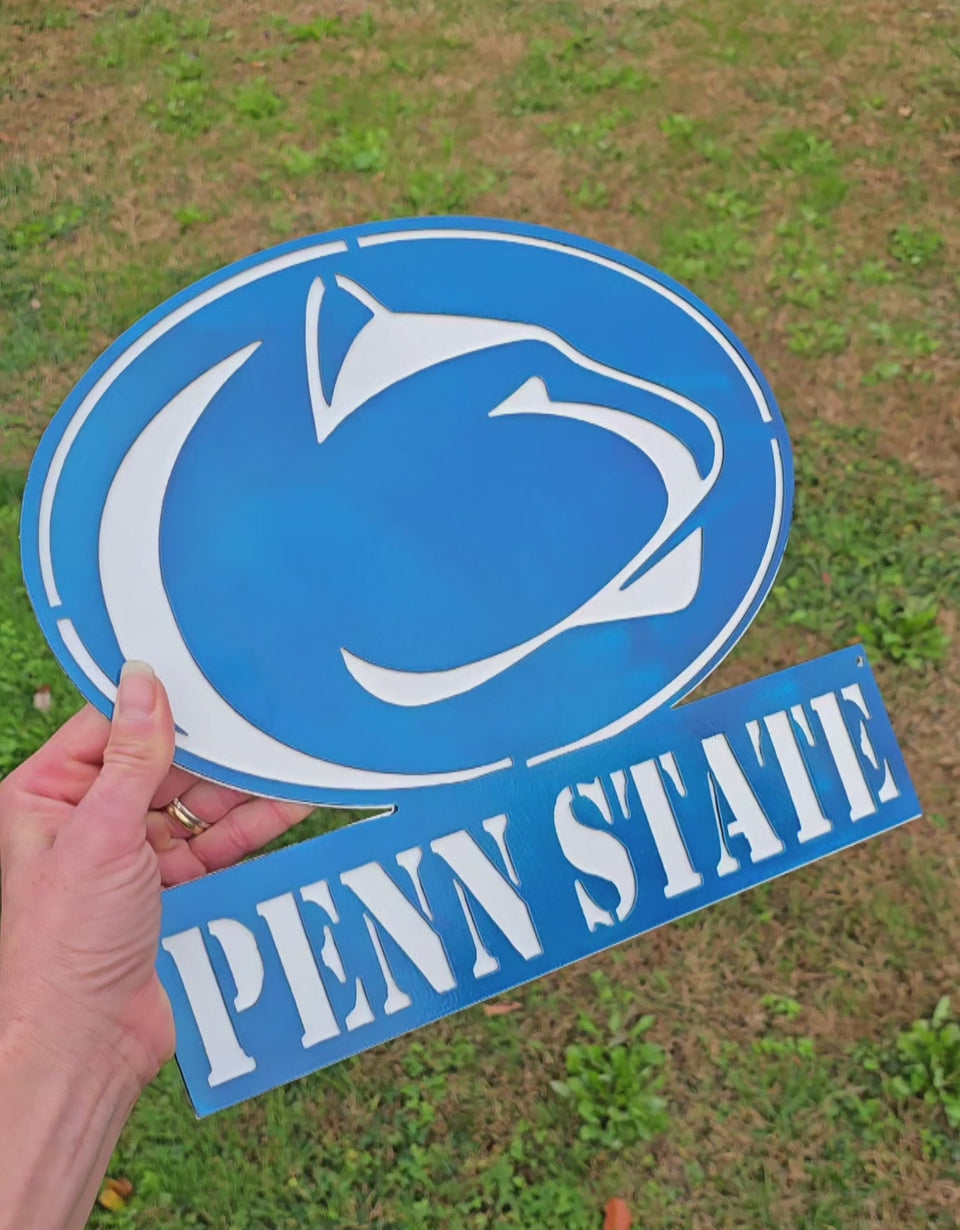 Video showing blue and silver college football wall artwork by Elite Metalworking