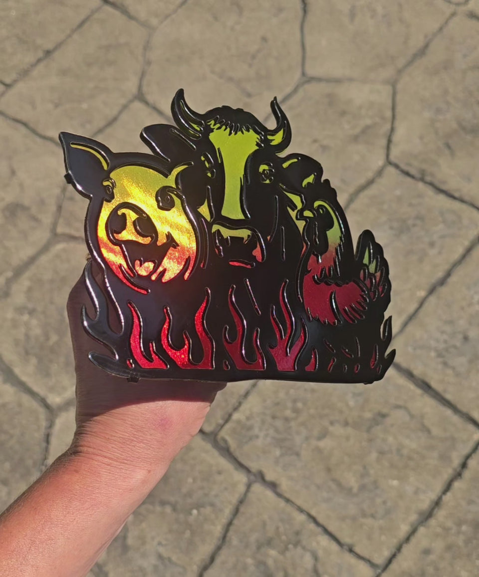 Video showing farm animal and flames hitch cover by Elite Metalworking