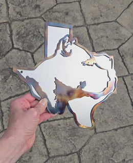 Video showing texas-shaped dog metal artwork by Elite Metalworking