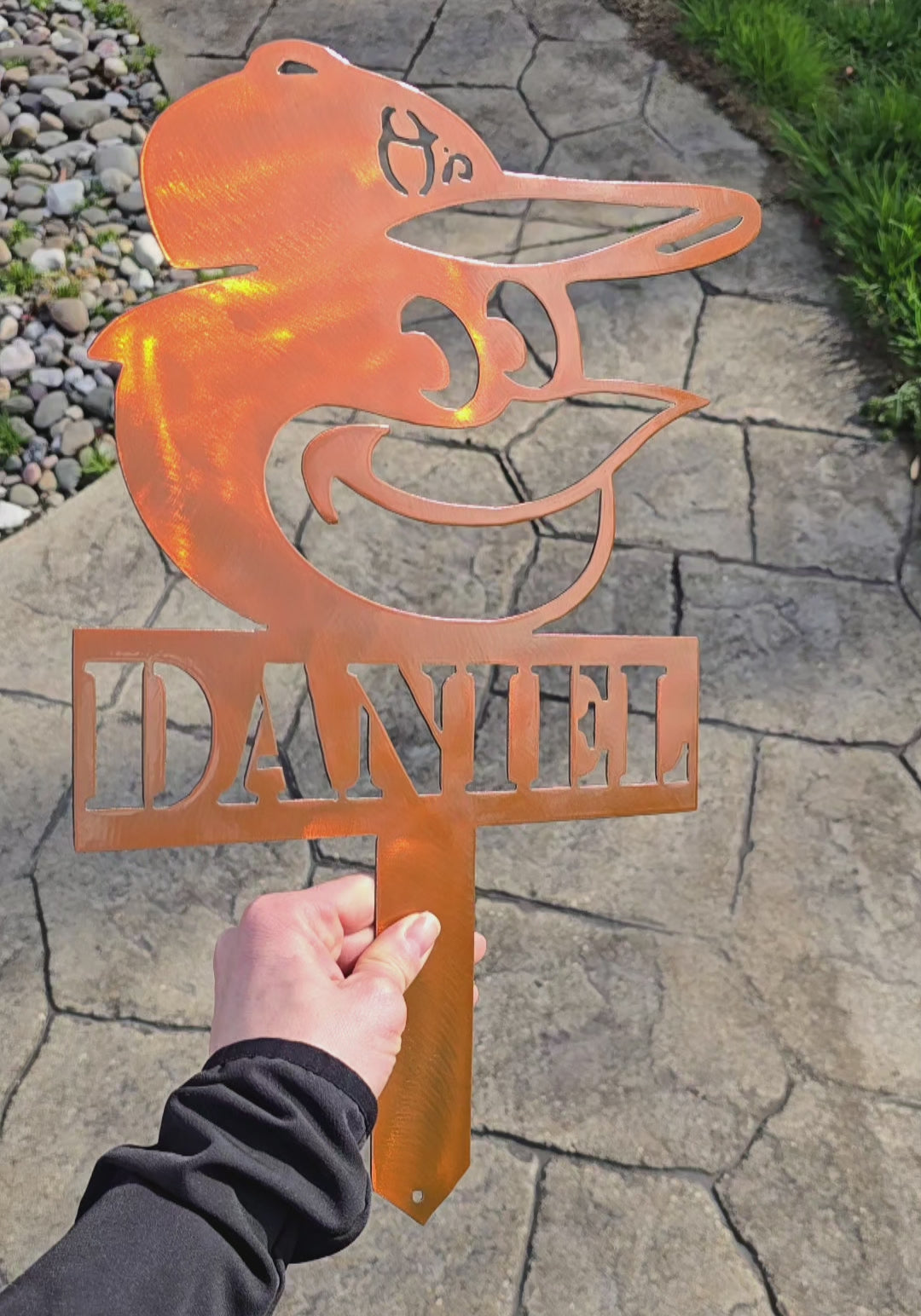 Video showing orange personalized fish garden stake by Elite Metalworking