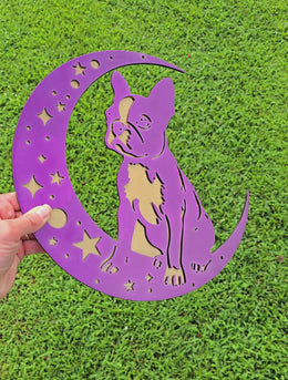 Purple dog-on-the-moon metal artwork by Elite Metalworking