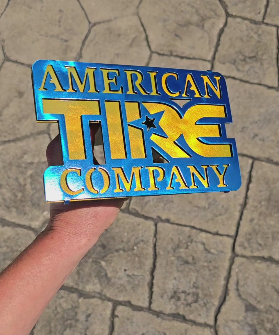 Video showing american Tire Company hitch cover by Elite Metalworking