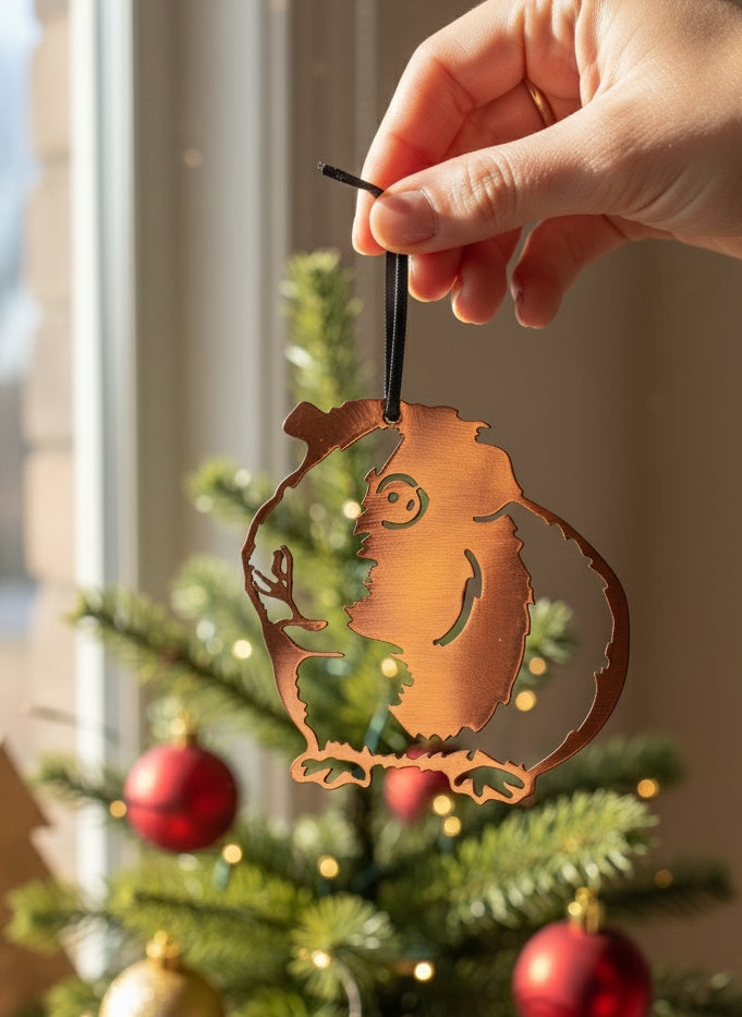 A custom metal art ornament in the shape of a guinea pig with a powder-coated finish, featuring vibrant colors and intricate details.