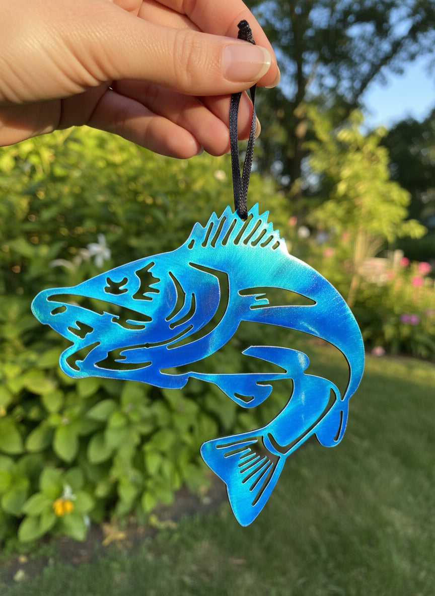 A blue metal walleye fish ornament with a powder-coated finish, designed for seasonal or holiday decoration.