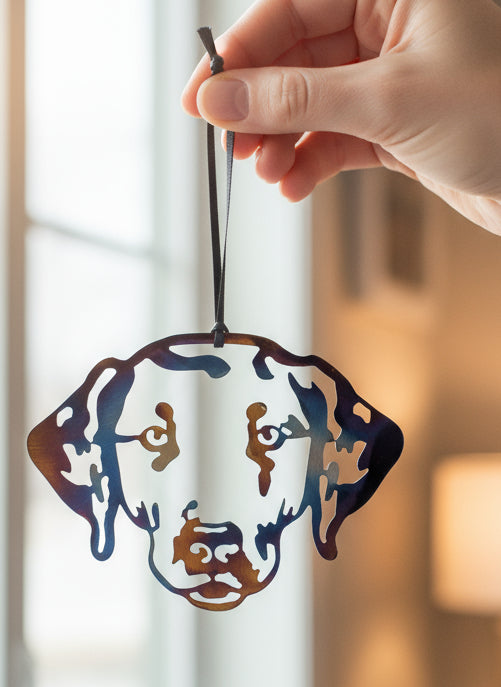 A custom metal art ornament in the shape of a Dalmatian with a multicolored, powder-coated finish, displayed against a textured background.