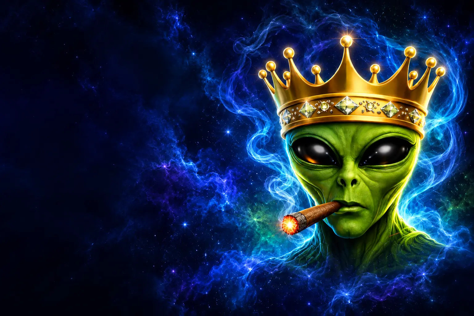 Elite Metalworking crowned alien surrounded by electric blue cosmic smoke
